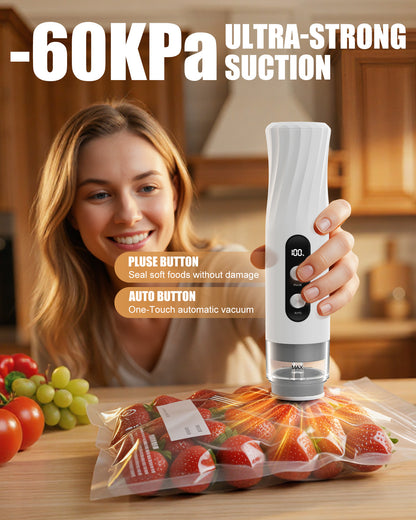 RIWUSI Compact Vacuum Sealer for Food with Visible Water Tank, 60kPa Powerful Vacuum Sealer Machine, One-Touch Auto-Seal & Pulse Mode for Delicate Foods, 1800mAh Rechargeable, 20 Reusable Bags