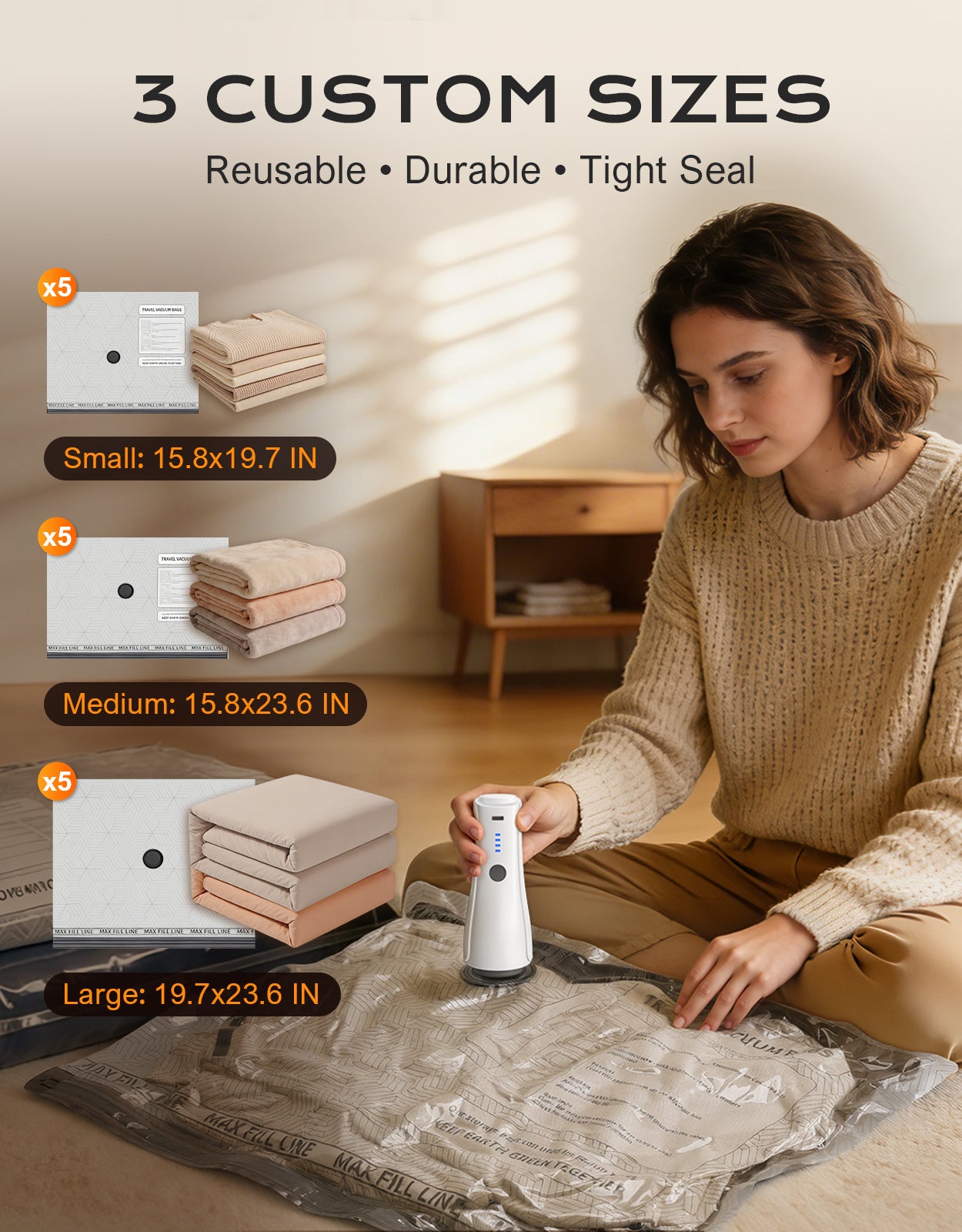 15 Pack Portable Vacuum Storage Bags for Travel with Rechargeable Electric Pump, Carry-on Size Compression Packing Bags for Clothing, Blankets, Bedding, Space Saver for Luggage and Suitcase