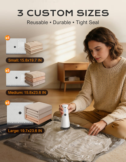 15 Pack Portable Vacuum Storage Bags for Travel with Rechargeable Electric Pump, Carry-on Size Compression Packing Bags for Clothing, Blankets, Bedding, Space Saver for Luggage and Suitcase