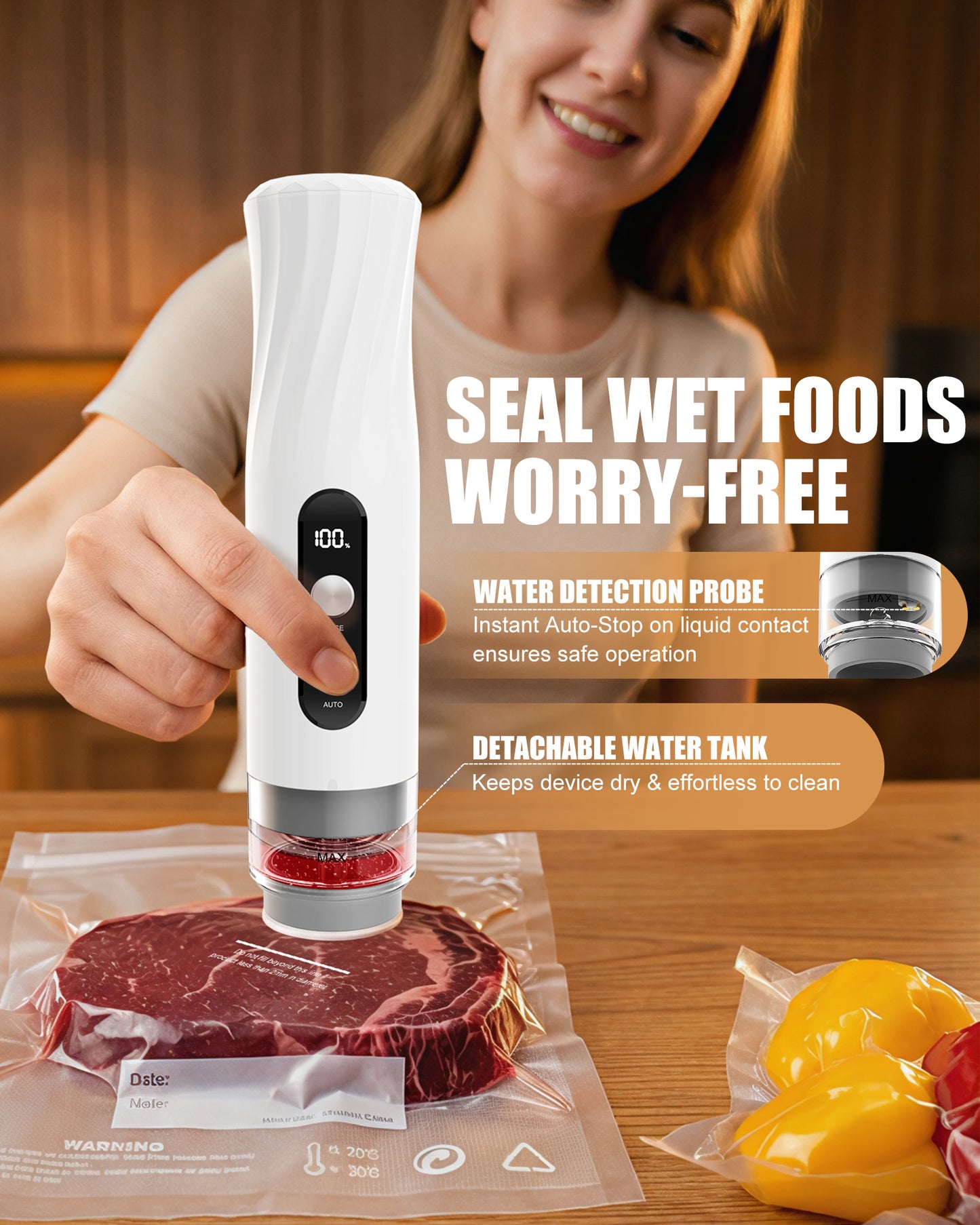 RIWUSI Compact Vacuum Sealer for Food with Visible Water Tank, 60kPa Powerful Vacuum Sealer Machine, One-Touch Auto-Seal & Pulse Mode for Delicate Foods, 1800mAh Rechargeable, 20 Reusable Bags