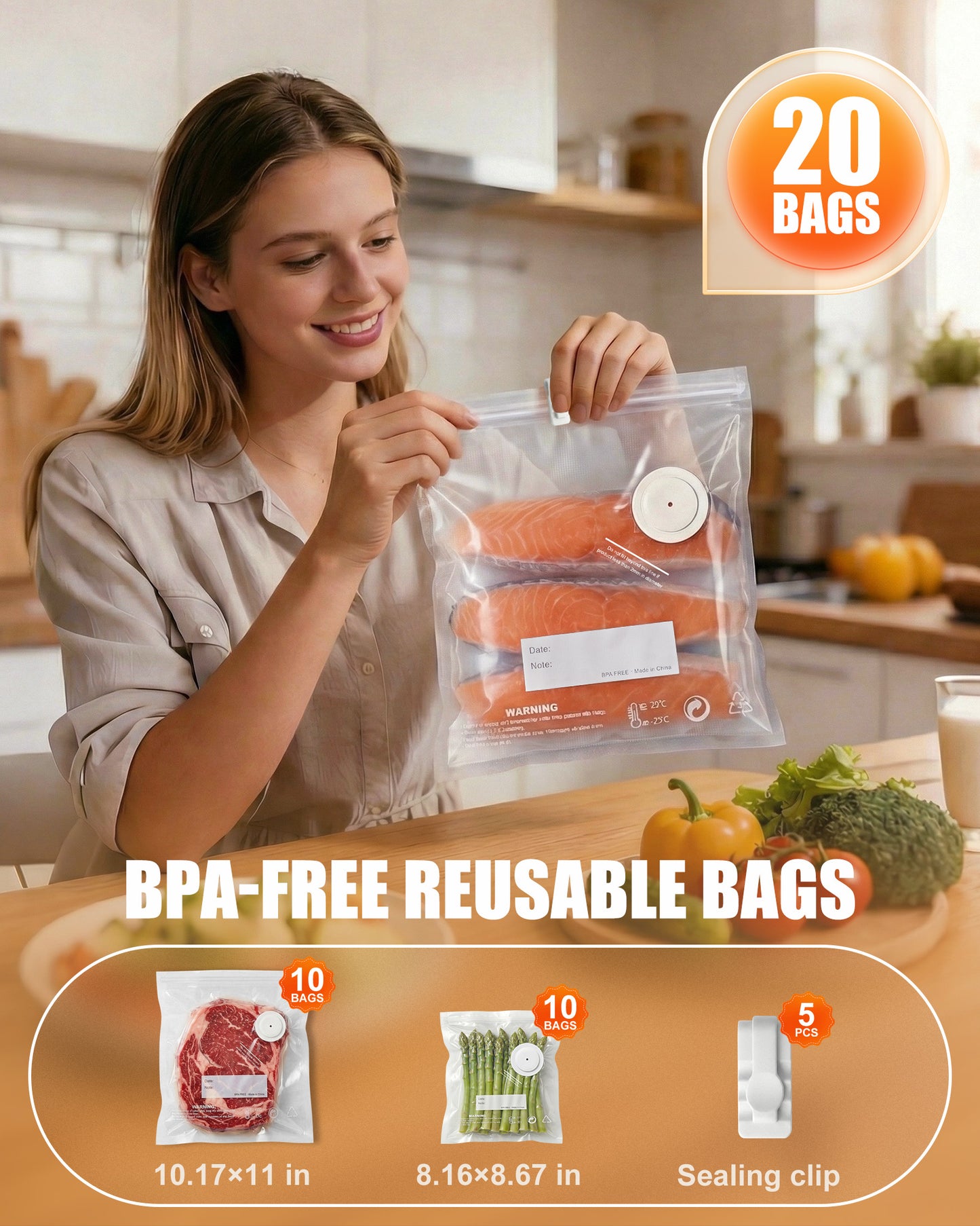 RIWUSI Compact Vacuum Sealer for Food with Visible Water Tank, 60kPa Powerful Vacuum Sealer Machine, One-Touch Auto-Seal & Pulse Mode for Delicate Foods, 1800mAh Rechargeable, 20 Reusable Bags