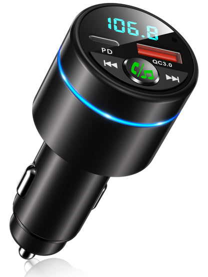 FM Transmitter for Car Bluetooth 5.3, [All-Metal] PD 30W & QC3.0 18W Fast Car Charger, Wireless FM Radio Car Kit Bluetooth Car Adapter, Noise Cancelling Hands-Free Call, Blue Light - Black