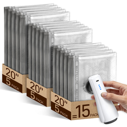 15 Pack Portable Vacuum Storage Bags for Travel with Rechargeable Electric Pump, Carry-on Size Compression Packing Bags for Clothing, Blankets, Bedding, Space Saver for Luggage and Suitcase