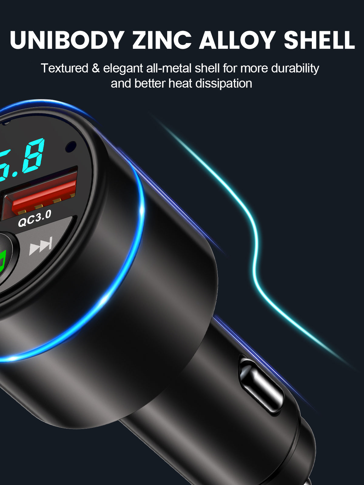 FM Transmitter for Car Bluetooth 5.3, [All-Metal] PD 30W & QC3.0 18W Fast Car Charger, Wireless FM Radio Car Kit Bluetooth Car Adapter, Noise Cancelling Hands-Free Call, Blue Light - Black